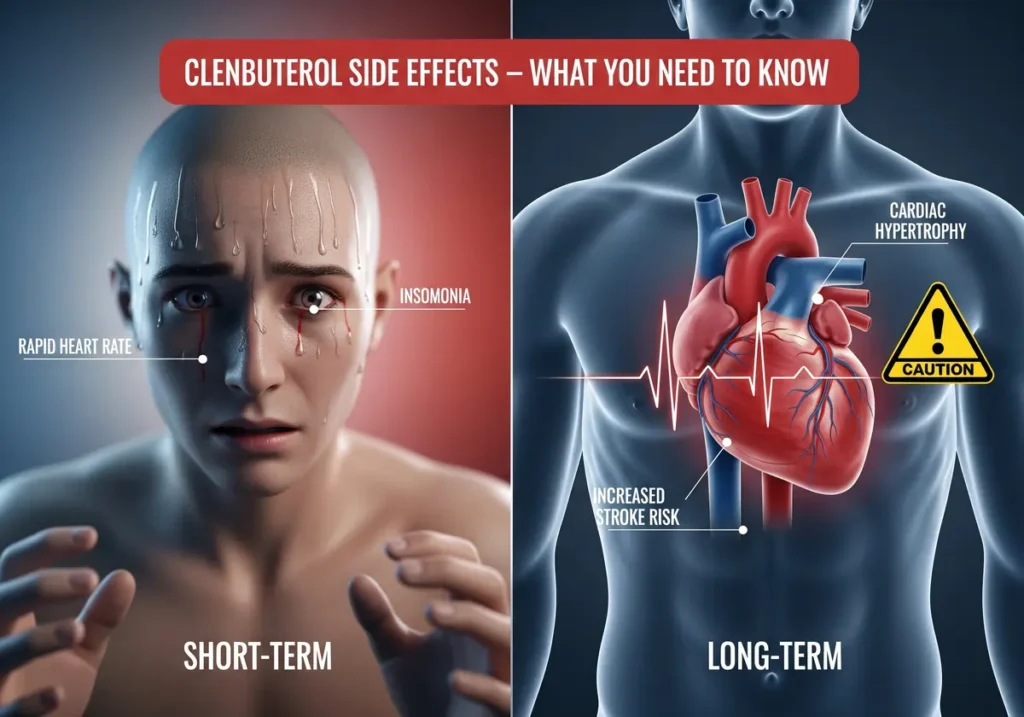 Short-Term vs Long-Term Side Effects of Clenbuterol Illustration of short-term and long-term clenbuterol side effects with symptoms like tremors and heart damage